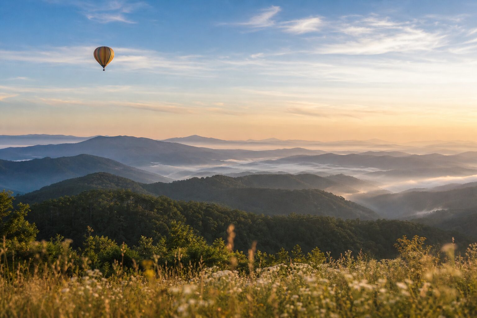 Heißluftballon über Hügellandschaft – Ballonbestattung und Aschestreuung