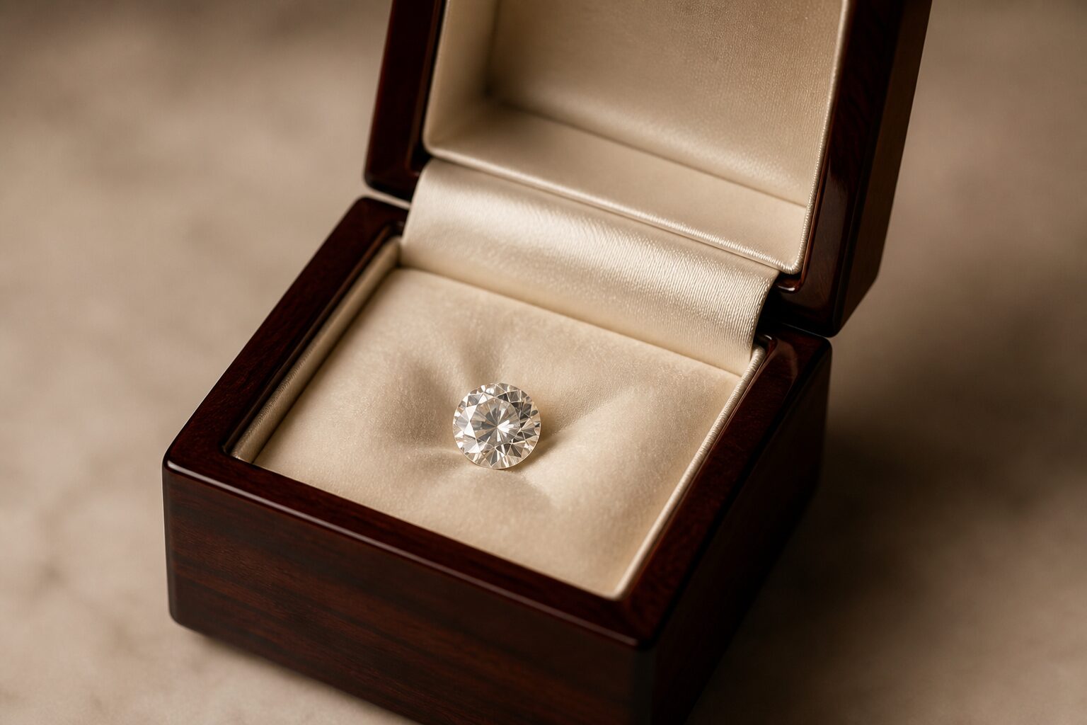 Erinnerungsdiamant in einer geöffneten Holzschatulle – Diamantbestattung